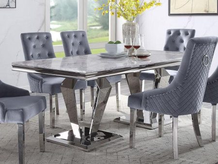 Satinka Light Gray Printed Faux Marble & Mirrored Silver Finish Dining Room Set Cheap