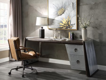 Brancaster Distress Chocolate Top Grain Leather & Aluminum Desk Hot on Sale