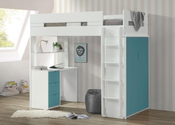 Nerice White & Teal Loft Bed Online Sale