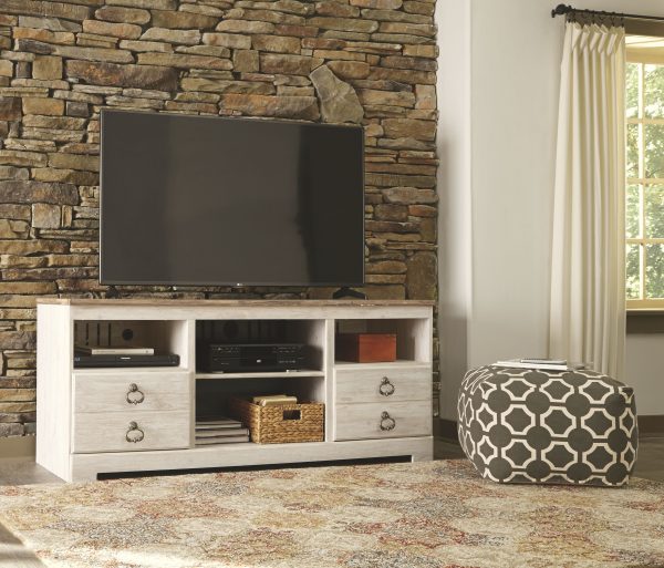 Willowton - Whitewash - 2 Pc. - 64  TV Stand with Faux Firebrick Fireplace Insert Supply